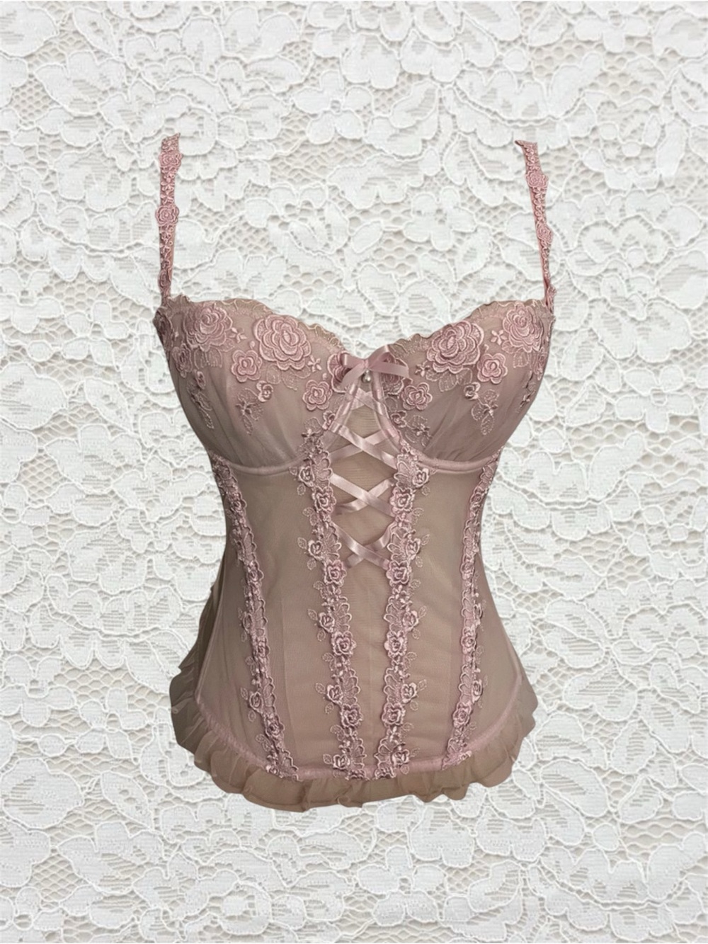 vintage baby pink corset top with rose and lace up detailing